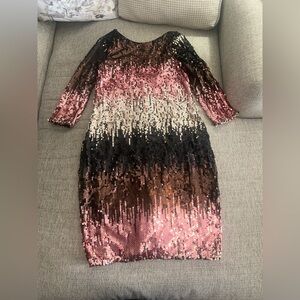 Little Mistress Sequin Ombre Midi Dress in Pink, Black & Gold maternity